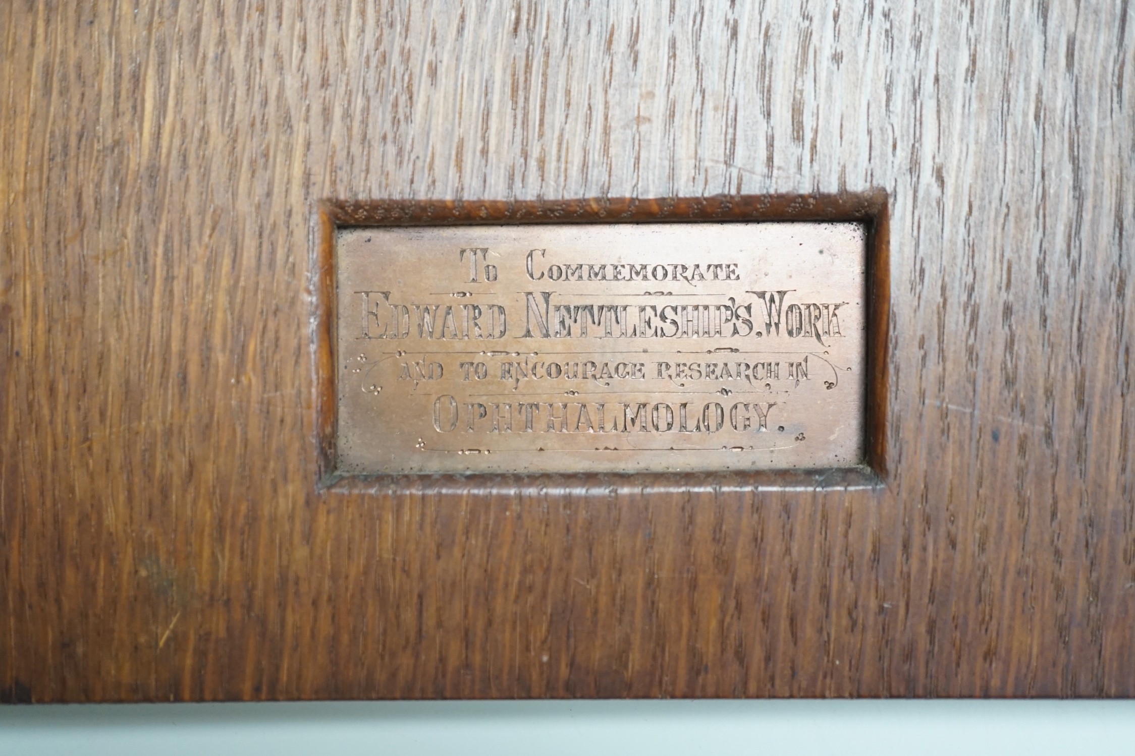 Frank Bowcher (1864-1938) bronze portrait relief plaque ‘To commemorate Edward Nettleships work and to encourage research in ophthalmology’ dated 1903, oak frame 28.5 x 21.5 cm